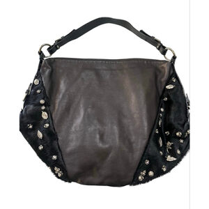 Berge NWOT Black Leather Calfhair Hobo Shoulder Bag Charms Rhinestone Italy New